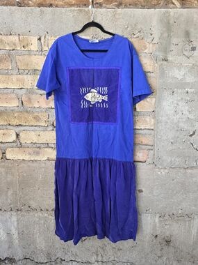 Vintage 90s Johnny Was Mixed Media Maxi Dress Embroidered Fish Boho L